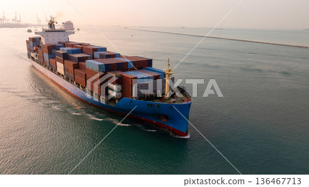 Aerial view container ship carrier container on sea, Global business logistics and Global trade transportation by container ship, Container ship freight shipping import export logistics supply chain. 136467713