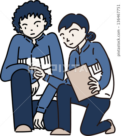 Full-body illustration of a pair of men and women wearing work clothes, blue uniforms 136467751