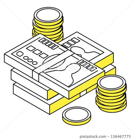 等距現金和硬幣貨幣線圖標 136467775