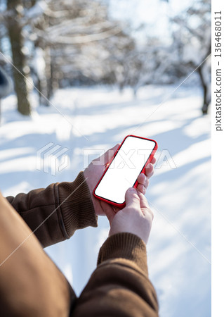 Man checking smartphone outdoors in winter park Man checking smartphone outdoors in winter park 136468011
