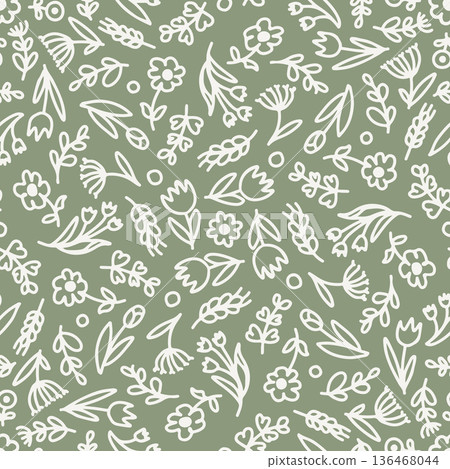 Seamless Beige Wildflower Line Pattern on Deep Sage Background 136468044