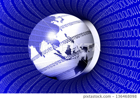 Earth, world map and binary code inside a tunnel - Internet concept 136468098