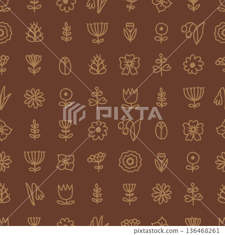 Seamless small meadow floral pattern in dark chocolate and tan 136468261
