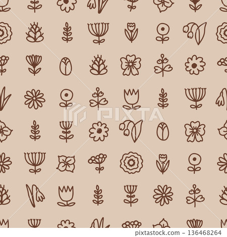 Seamless hand drawn meadow floral pattern in warm beige and brown 136468264