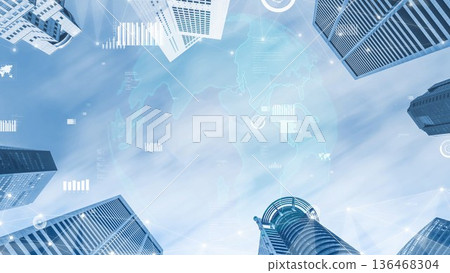 Modern Urban Landscape with Skyscrapers and Digital Data Overlay in a Clear Blue Sky Emphasizing Technology and Innovation in Business Environment xenic 136468304