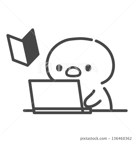 A hand-drawn line drawing of a chick operating a beginner's mark and a laptop A hand-drawn line drawing of a chick operating a beginner's mark and a laptop 136468362