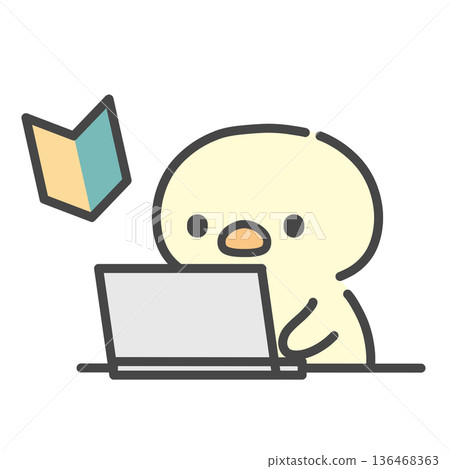 A hand-drawn illustration of a beginner's mark and a chick operating a laptop A hand-drawn illustration of a beginner's mark and a chick operating a laptop 136468363