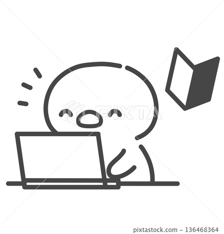一隻微笑的小雞站在初學者標記和筆記型電腦前——手繪線條畫插圖 一隻微笑的小雞站在初學者標記和筆記型電腦前——手繪線條畫插圖 136468364
