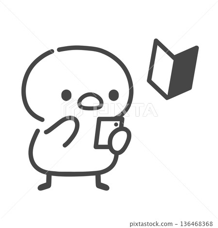 一幅手繪線條畫，描繪了一隻小雞正在操作智慧型手機，旁邊有一個初學者標記。 136468368