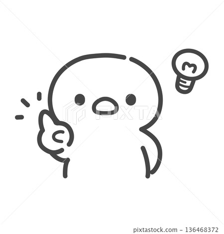 A hand-drawn line drawing of a chick pointing up and holding a shining light bulb A hand-drawn line drawing of a chick pointing up and holding a shining light bulb 136468372