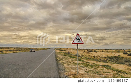 The sign of a camel. On the edge of the road crossing the Karakum desert in Turkmenistan. The sign of a camel. On the edge of the road crossing the Karakum desert in Turkmenistan. 136469187