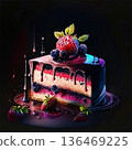 Multi-layered berry chocolate cake. Covered with chocolate icing and decorated with berries. AI generated. 136469225