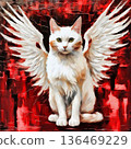 White angel cat with wings behind its back on an abstract background. Generative AI. 136469229