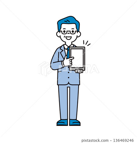 Full-body vector illustration of a businessman in his 50s or 60s pointing at a tablet device and making a suggestion 136469246