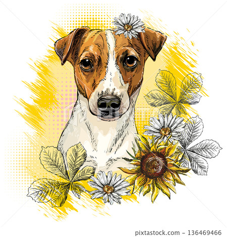 Jack Russel Terrier dog with flowers hand drawing vector Jack Russel Terrier dog with flowers hand drawing vector 136469466