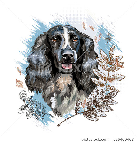 Russian spaniel Dog with flowers hand drawing vector 136469468