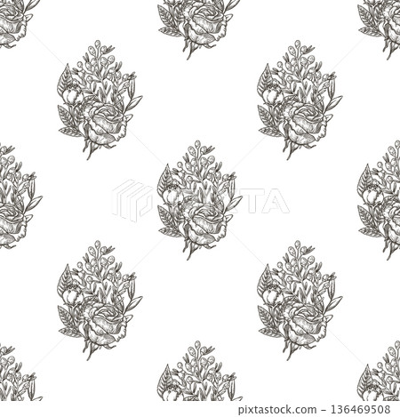 Rose flower bouquet seamless pattern with wildflower. Hand drawn vector outline design in vintage sketch style. Floral graphic print ideal for wallpaper. Perfect for wedding fabric and wrapping paper. Rose flower bouquet seamless pattern with wildflower. Hand drawn vector outline design in vintage sketch style. Floral graphic print ideal for wallpaper. Perfect for wedding fabric and wrapping paper. 136469508