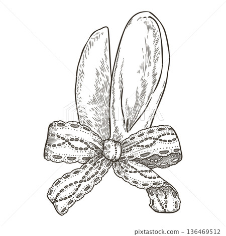 Easter bunny ears vector illustration with vintage lace bow in hand drawn sketch style. Black and white festive outline art. Ideal for spring poster template. Perfect for graphic greeting card design. 136469512