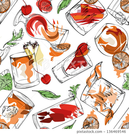 Amber spirits, alcoholic beverages and cocktails in red and orange, green leaves accents. Vector seamless pattern hand drawn for packaging, wrapping paper, textiles, recipe backgrounds, bar graphics. Amber spirits, alcoholic beverages and cocktails in red and orange, green leaves accents. Vector seamless pattern hand drawn for packaging, wrapping paper, textiles, recipe backgrounds, bar graphics. 136469546