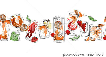Amber spirits, cocktails with citrus and mint. Brandy whisky, fruit lemonade, juice splash. Seamless vector banner strip for headers, packaging ribbons, bar menus, poster borders and themed layouts. Amber spirits, cocktails with citrus and mint. Brandy whisky, fruit lemonade, juice splash. Seamless vector banner strip for headers, packaging ribbons, bar menus, poster borders and themed layouts. 136469547
