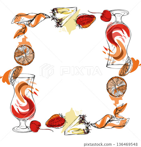 Tequila sunrise, Mai Tai or juice swirl with pineapple wedge, strawberry slice, orange zest peel and cherry berry. Hand drawn ink silhouettes, vector frame for culinary blogs, poster edges, drink kit. 136469548