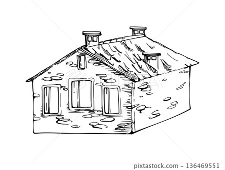 Hand drawn ink illustration of a rustic stone farmhouse with shutters and textured brick walls. Countryside architecture element for travel design, wine regions, heritage branding, tour brochures 136469551