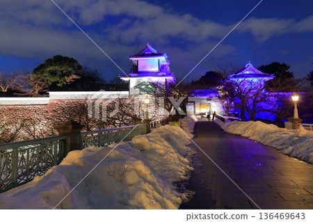 [Ishikawa Prefecture] The silvery white night view of Kanazawa Castle's Ishikawa Gate 136469643