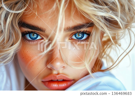 A close up of a woman with blue eyes and blonde hair 136469683