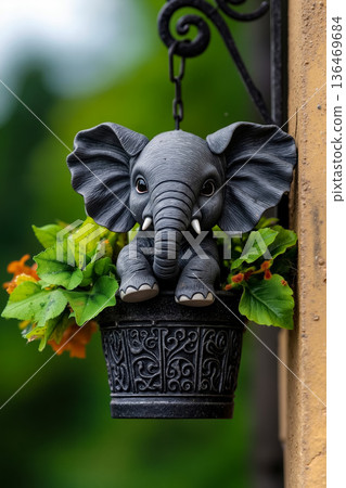 A small elephant statue sitting on top of a flower pot A small elephant statue sitting on top of a flower pot 136469684