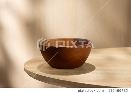 Empty Japanese Style Wooden Bowl on Minimal Table Empty Japanese Style Wooden Bowl on Minimal Table 136469785
