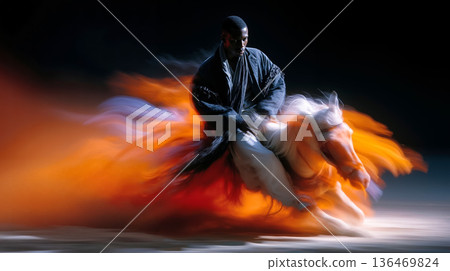 A man riding on the back of a white horse 136469824