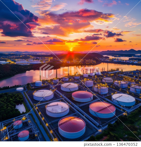 A stunning view of an industrial complex at sunset, with rows of oil tanks and pipelines illuminated by the warm glow of the setting sun. 136470352