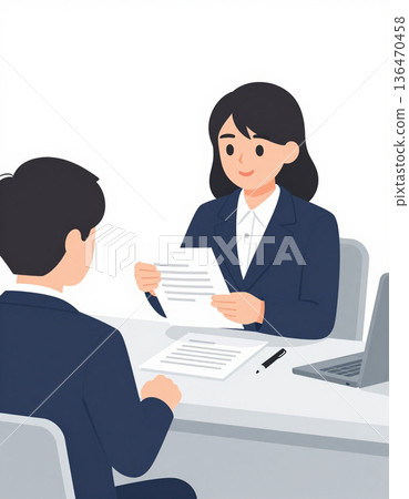 Illustration of a female bank clerk explaining documents at a bank counter 136470458