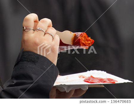 Eating Traditional Sausage at Naplavka Street Food Market Eating Traditional Sausage at Naplavka Street Food Market 136470683