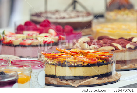 Raw Desserts Display at Farmers Market in Prague Raw Desserts Display at Farmers Market in Prague 136470701