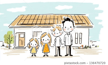 Illustration of a smiling family of four standing in front of a house with solar panels 136470720