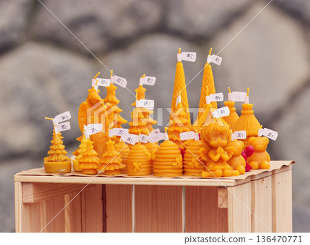 Beeswax Christmas Candles at Winter Naplavka Market Beeswax Christmas Candles at Winter Naplavka Market 136470771