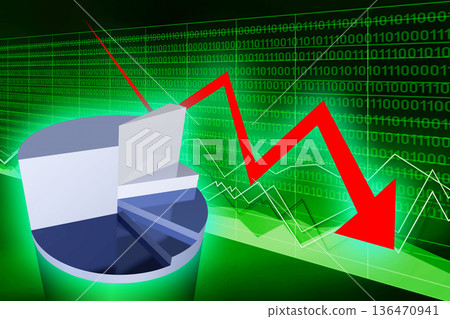 Pie chart and downwards arrow - crisis concept Pie chart and downwards arrow - crisis concept 136470941