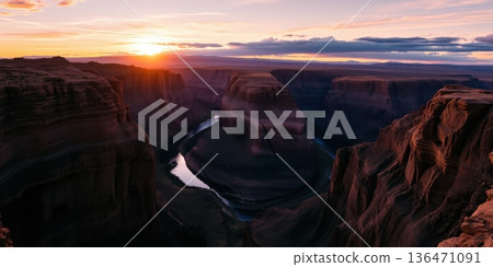 Majestic Horseshoe Bend at Sunset: Breathtaking Canyon Landscape with Colorado River Winding Through Arizona 136471091