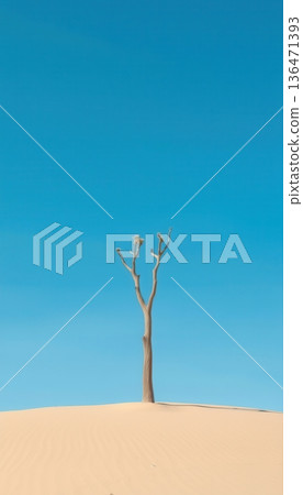 Solitary Arid Tree against Clear Blue Sky Stands on Desert Sand Dune Beautifully. 136471393