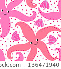 Vector seamless pattern with cute starfish and shells 136471940