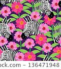 Vector seamless pattern with zebras in a blooming garden 136471948