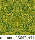 Seamless watercolor pattern with butterflies and flowers, symmetrical ornament 136471951