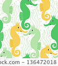 Vector seamless pattern with cute seahorses and seaweeds 136472018