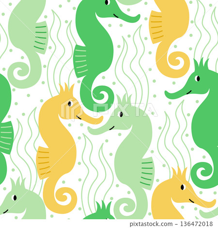 Vector seamless pattern with cute seahorses and seaweeds Vector seamless pattern with cute seahorses and seaweeds 136472018