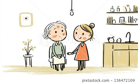 圖：一位家事阿姨正在廚房和藹地與一位老婦人交談。 136472109