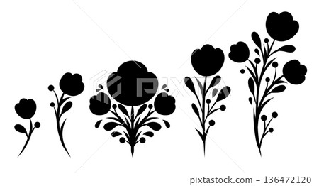 Black folk floral silhouettes with stylized flowers, rounded petals and curved branches. Set of black silhouette decorative vector floral shapes Black folk floral silhouettes with stylized flowers, rounded petals and curved branches. Set of black silhouette decorative vector floral shapes 136472120