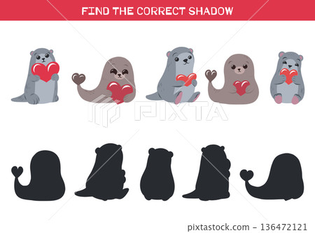 Educational game for children Find the correct shadow with cute cartoon otters holding hearts and matching silhouettes below. Educational game for children Find the correct shadow with cute cartoon otters holding hearts and matching silhouettes below. 136472121