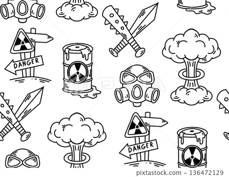 Vector seamless pattern with outline protective mask, sign, city, chemical tank, nuclear explosion, backpack. Post-apocalyptic texture. 136472129