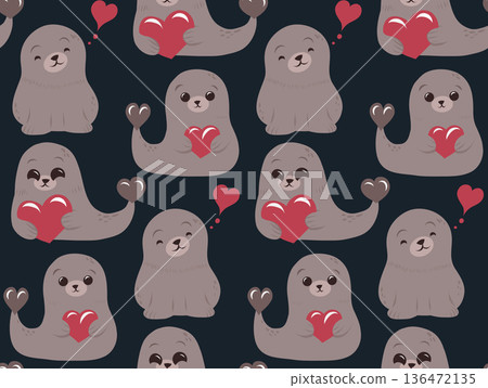 Seamless pattern of cute cartoon seals holding hearts. Texture cute naive creatures playful and friendly illustration style 136472135